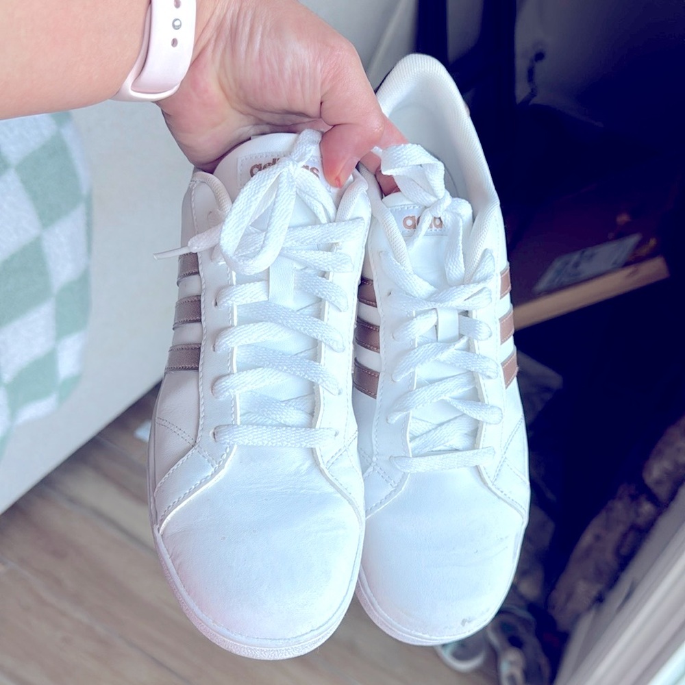 White and rose gold adidas superstar sneakers